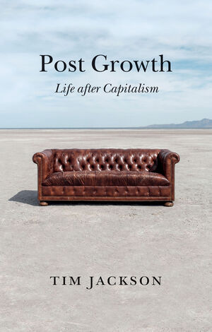 Cover of Post Growth featuring an empty brown leather sofa in a desert
