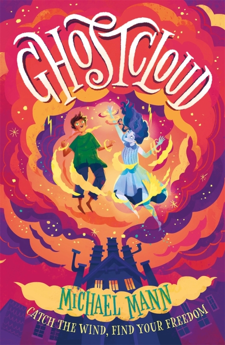 The cover of Ghostcloud shows a boy and a girl ghost floating above a power station in a red and purple cloud