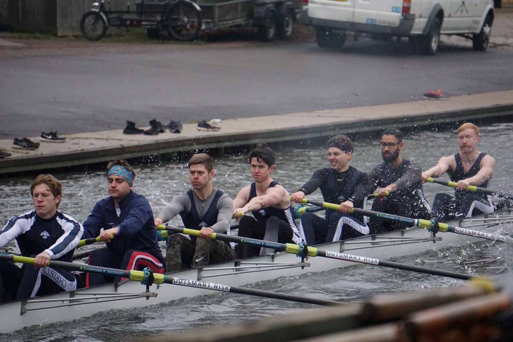 The College Senior boat crew in the boat on the River Cam