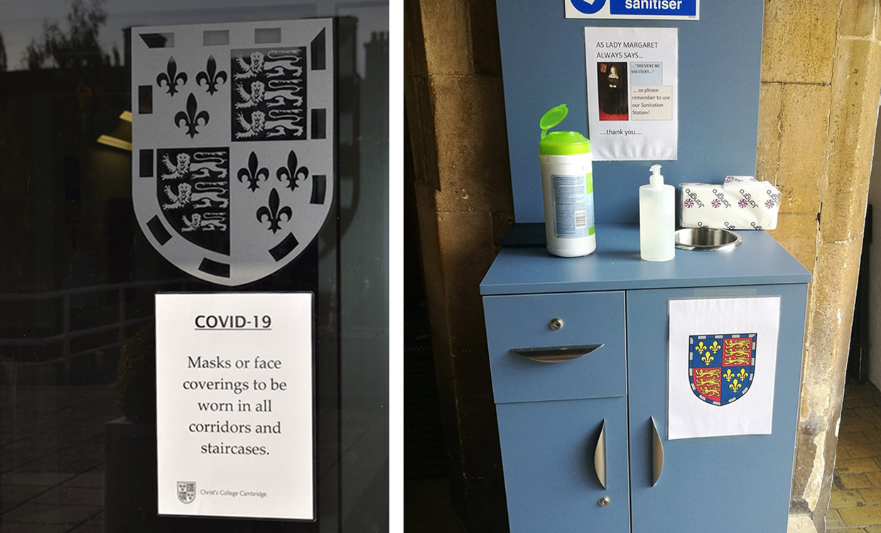 COVID-19 notice and sanitiser stations at Christ's College